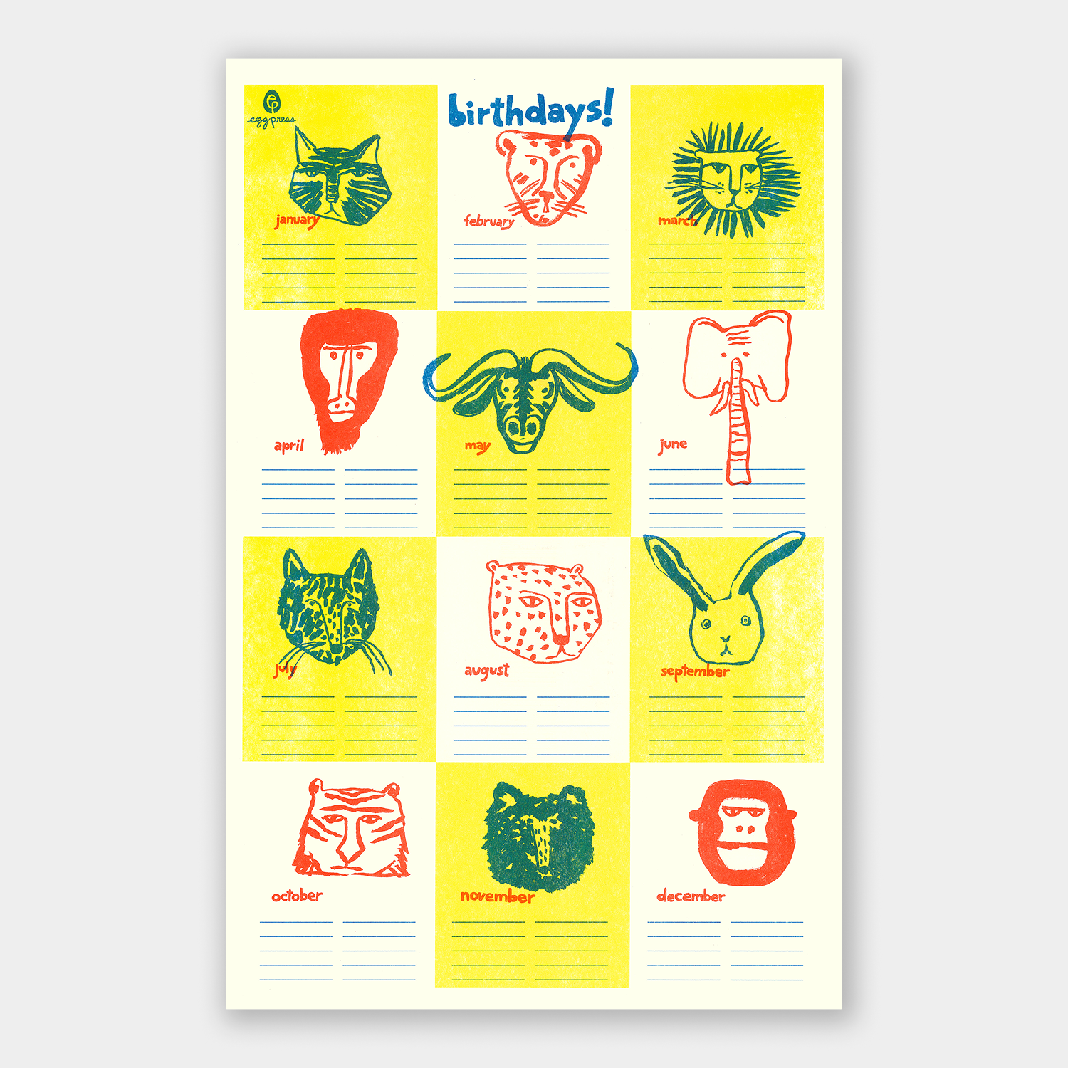 Animal Faces Birthday Calendar Tracker Risograph Print
