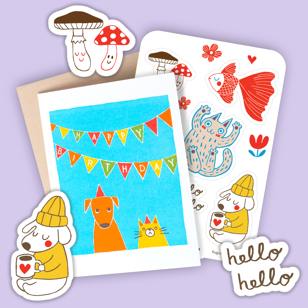 Card & Sticker Sheet Set - Cat & Dog Bday