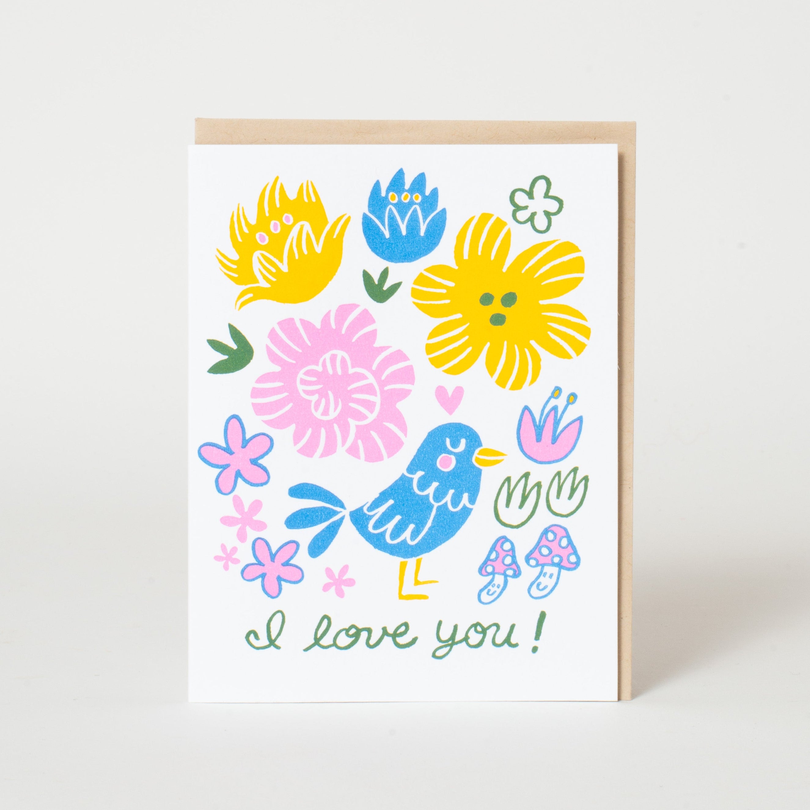 I Love You Bird Floral Letterpress Greeting Card