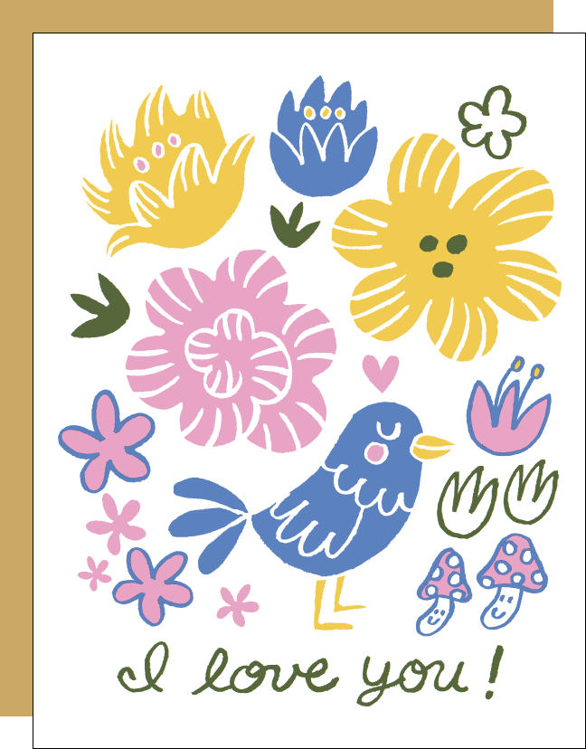 I Love You Bird Floral Letterpress Greeting Card