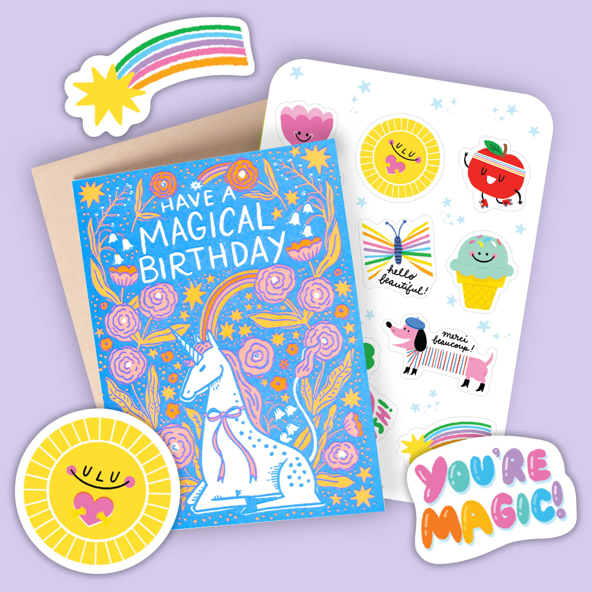 Card & Sticker Sheet Set - Unicorn Bday