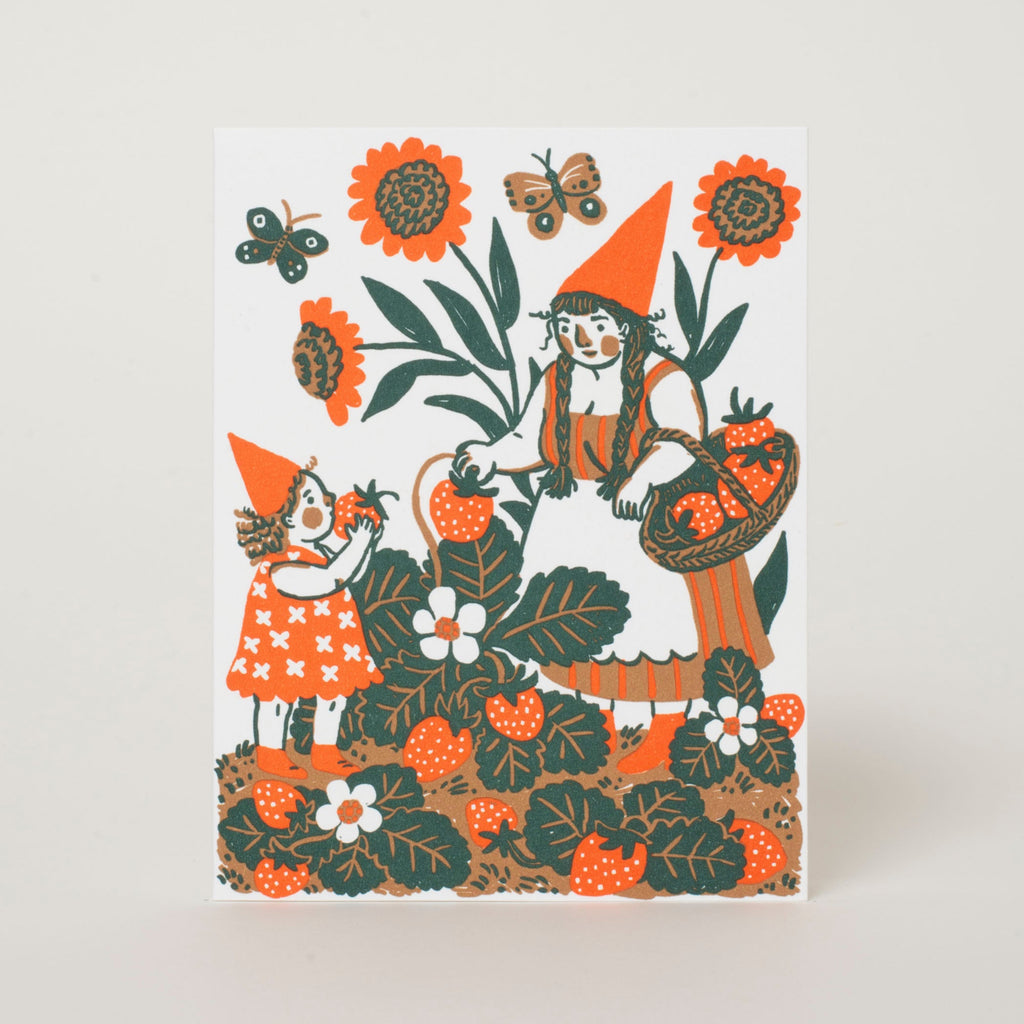 Strawberry Picking Gnome Blank Letterpress Greeting Card